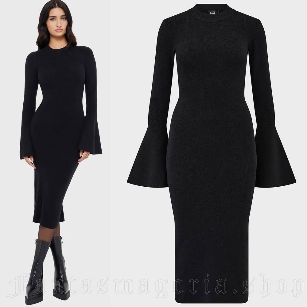 Killstar Death Maiden Black Ribbed Knit Bell Sleeve Cutout Midi Dress XS